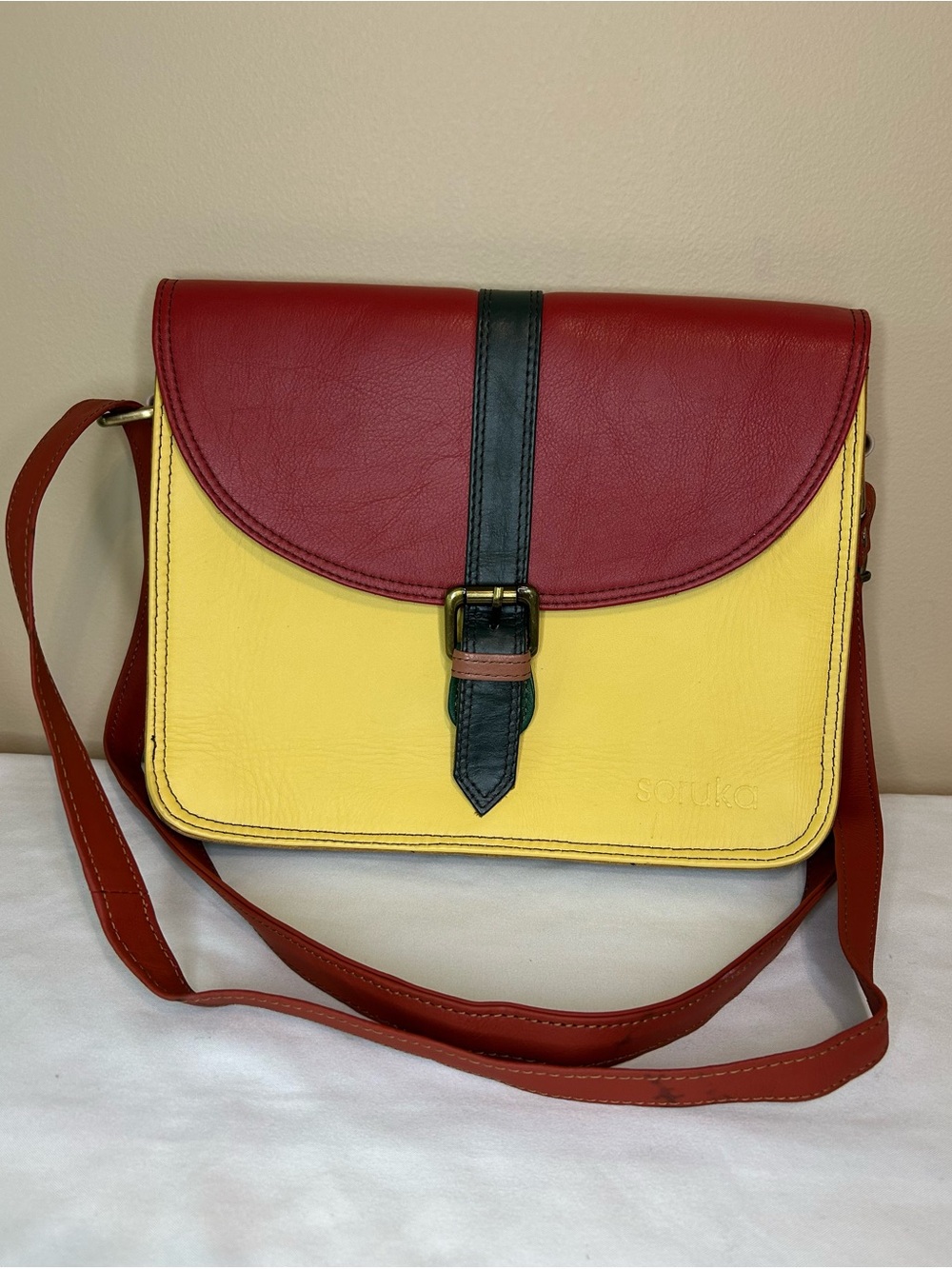 Sotuka Colorblock Leather Crossbody Bag in Yellow & Red